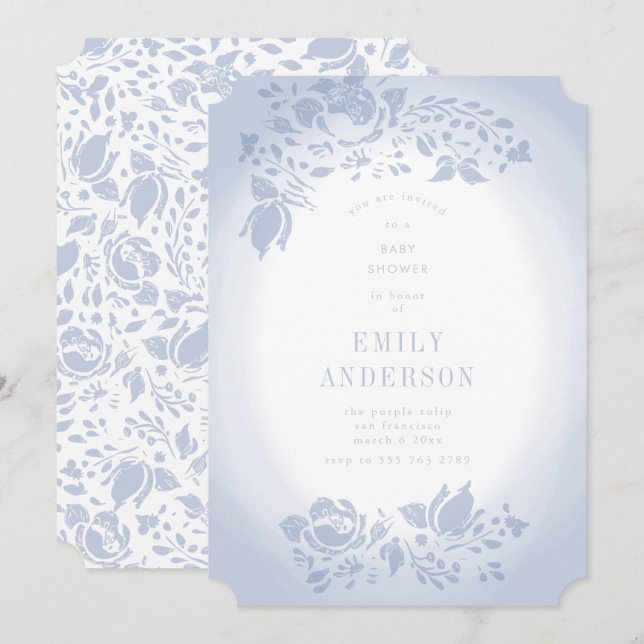 Soft Romantic Floral Baby shower Bleu Invitation (Devant / Derrière)