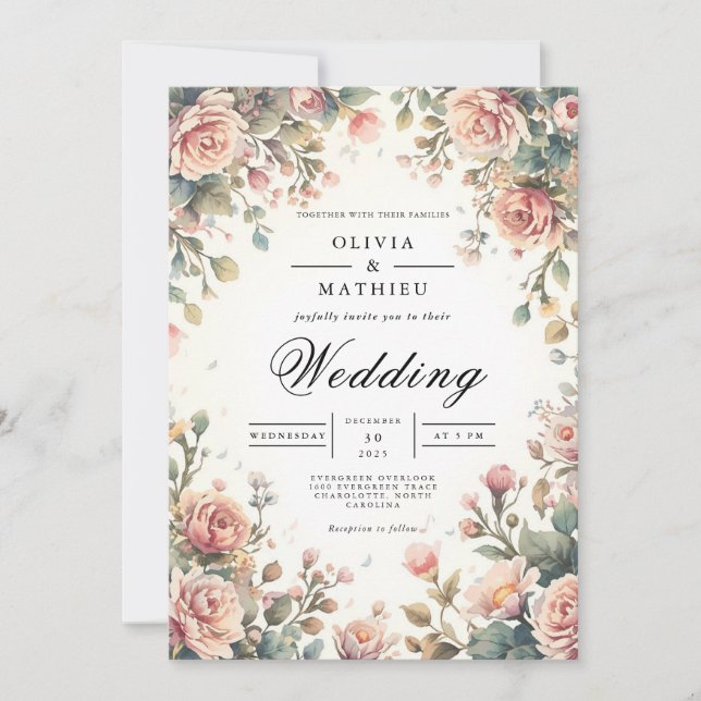 Soft Rose Arch Romance Wedding Einladung (Vorderseite)