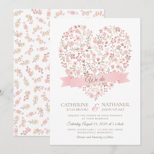 Soft rose Faire-part de mariage de coeur floral (Devant / Derrière)