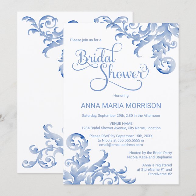 Soft Royal Blue Watercolor Geblüht Brautparty Einladung (Vorne/Hinten)