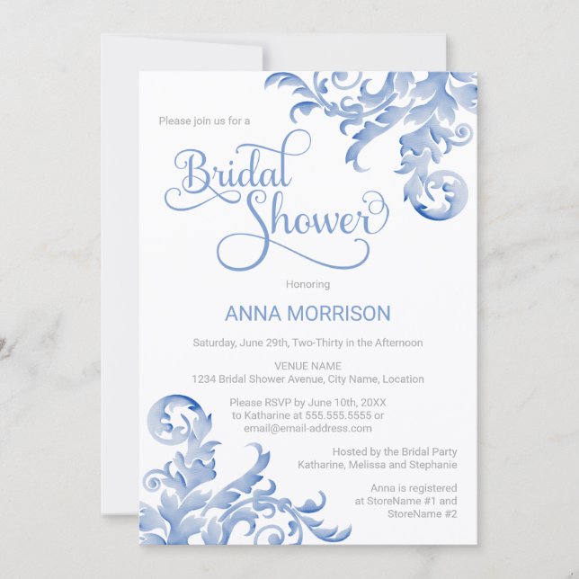 Soft Royal Blue Watercolor Geblüht Brautparty Einladung (Vorderseite)
