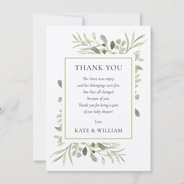 Soft Rustic Blätter Greenery Baby Shower Gedicht Dankeskarte (Vorderseite)