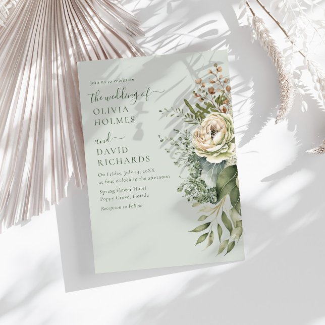 Soft Sage Green Botanical Minimal Wedding Einladung (Soft Sage Green Botanical Minimal Wedding Invitation on a sunny table with boho dry botanicals)