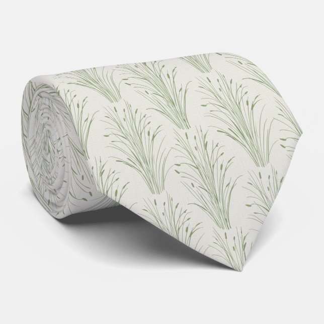 Soft Sage Green Delicate Wild Grass and Reed Krawatte (Gerollt)