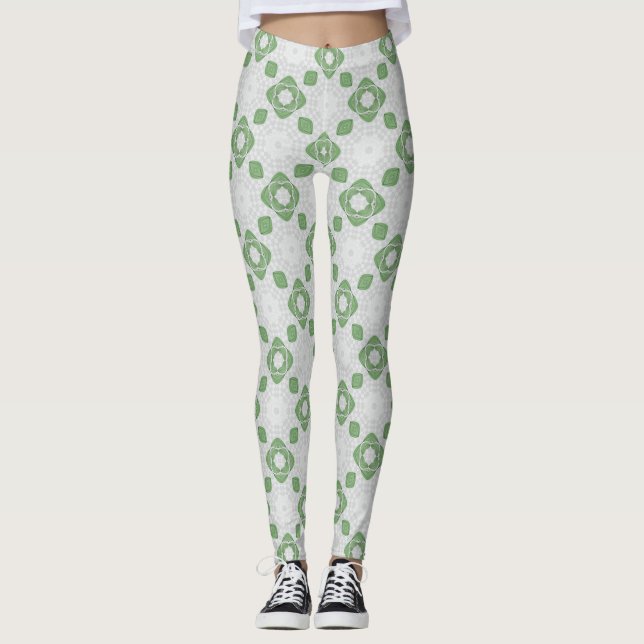 Soft Sage Green Floral Geometric Pattern Leggings (Devant)