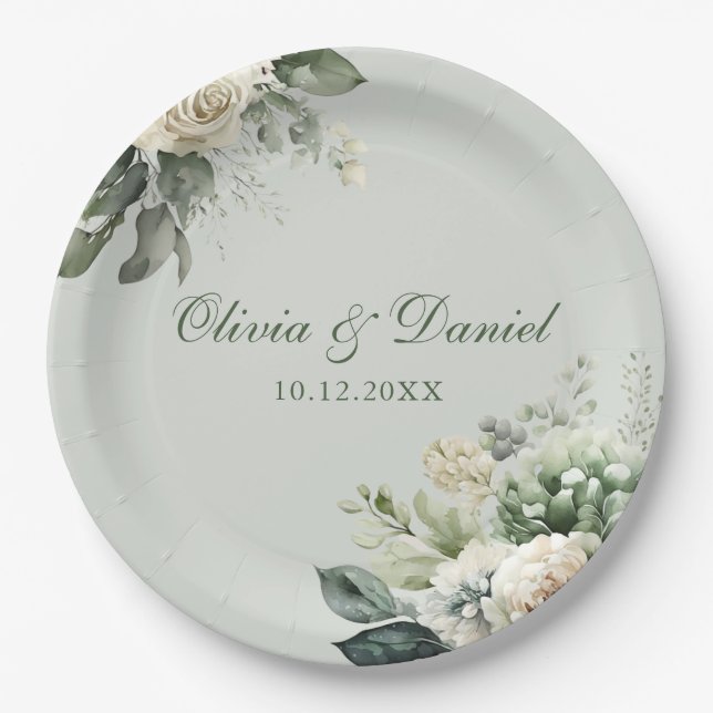 Soft Sage Green Floral Paper Plate Pappteller (Vorderseite)