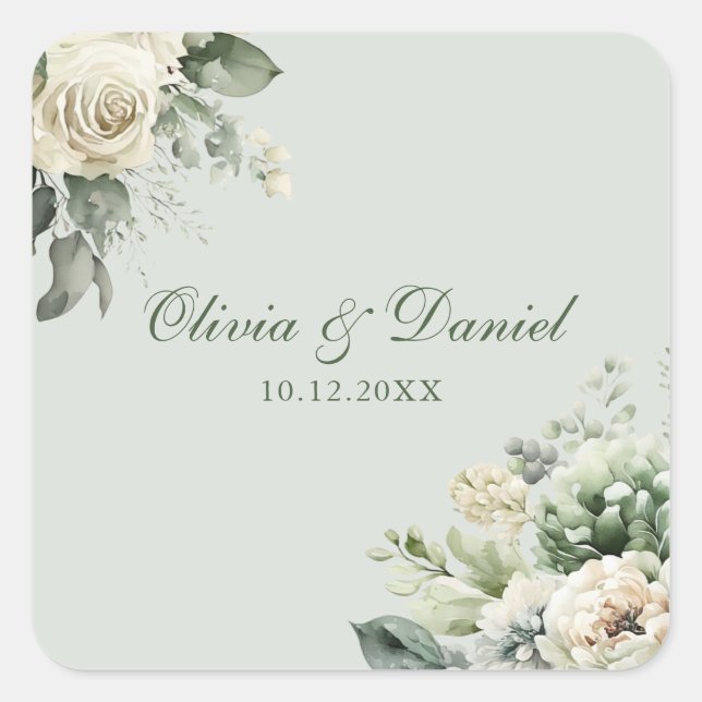 Soft Sage Green Floral Wedding Sticker (Devant)