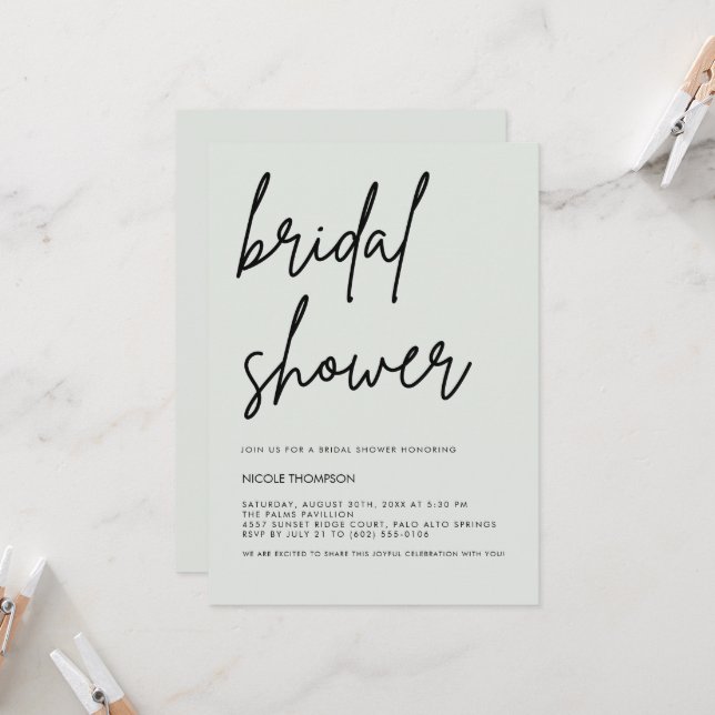 Soft Sage Script Modern Bridal Shower Invitation  (Devant/Arrière en situation)