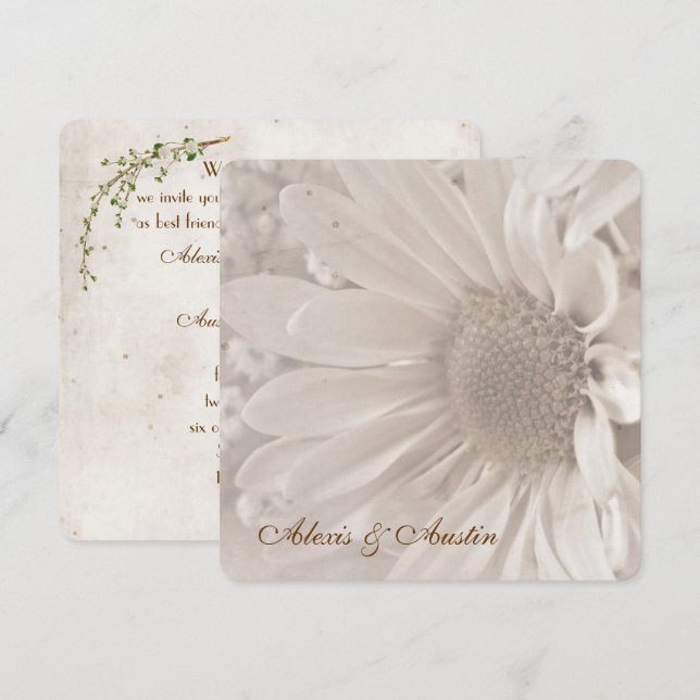 Soft Sepia Wedding Daisy Einladung (Vorne/Hinten)
