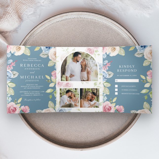 Soft Spring Floral Dusty Blue Wedding Dreifach Gefaltete Einladung (Von Creator hochgeladen)