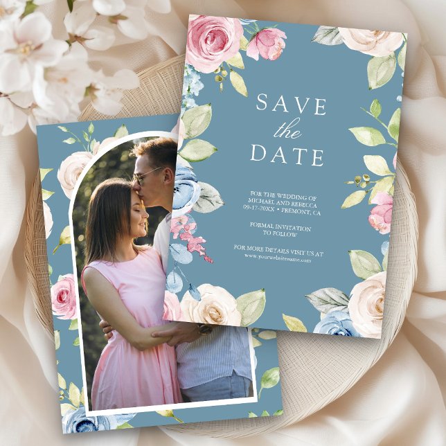 Soft Spring Floral Foto Dusty Blue Wedding Save The Date (Von Creator hochgeladen)
