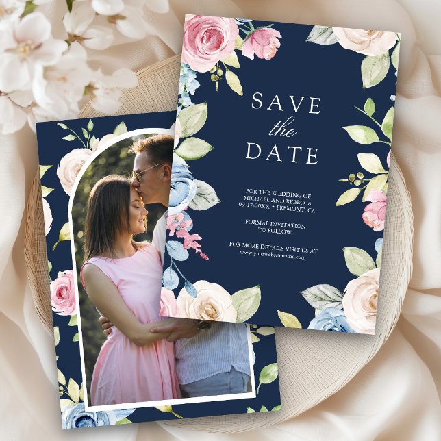 Soft Spring Floral Foto Navy Blue Wedding Save The Date (Von Creator hochgeladen)
