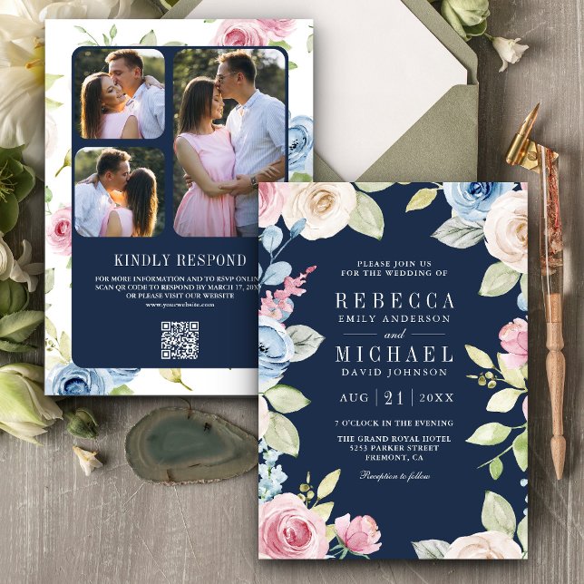 Soft Spring Floral Navy Blue QR Code Hochzeit Einladung (Von Creator hochgeladen)