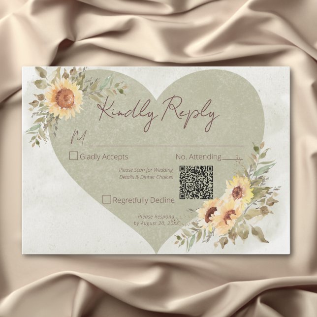 Soft Sunflowers Boho Heart Wedding QR Code RSVP Karte (Soft Sunflowers Boho Heart Wedding QR Code RSVP Card)