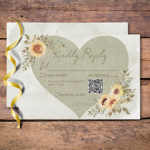 Soft Sunflowers Boho Heart Wedding QR Code RSVP Karte
