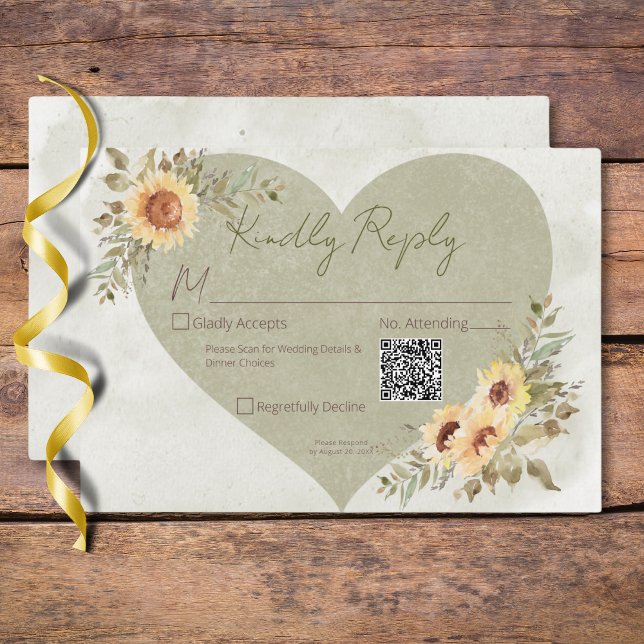 Soft Sunflowers Boho Heart Wedding QR Code RSVP Karte (Soft Sunflowers Boho Heart Wedding QR Code RSVP Card)