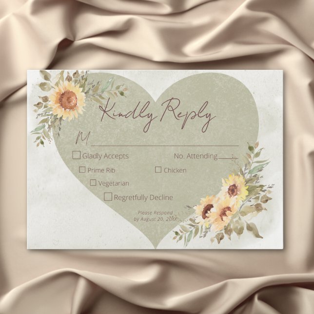 Soft Sunflowers Boho Herz Hochzeit Drei Abendessen RSVP Karte (Soft Sunflowers Boho Heart Wedding Three Dinner RSVP Card)