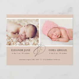 Soft Terracotta Moderne Twins Geburtsankündigung Postkarte