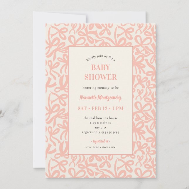 Soft Terracotta Pink Ribbons and Bows Baby Shower Einladung (Vorderseite)