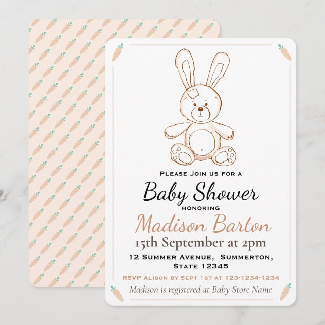Soft Toy Bunny & Carrots Babydusche Einladung (Vorne/Hinten)