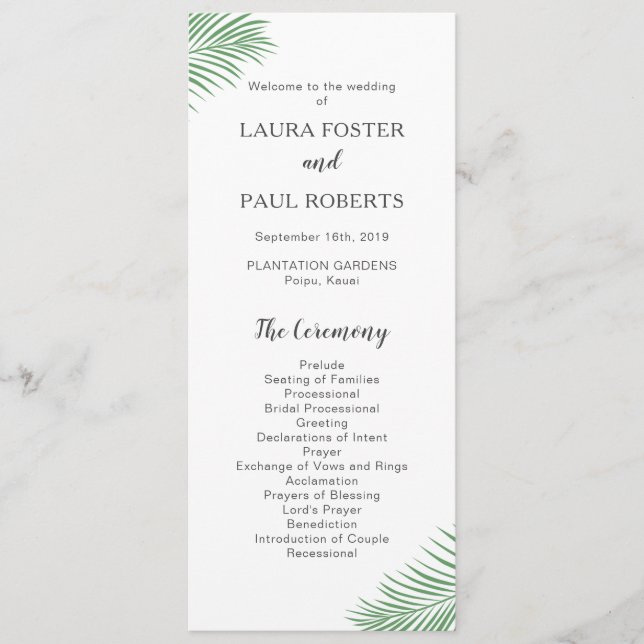 Soft Tropical Palm Leaf Hochzeitsprogramm Programm (Vorderseite)