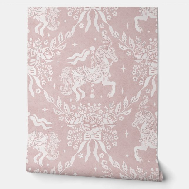  Soft Warm Blush Rococo Carousel Horses & Florals Tapete (Abrollen)