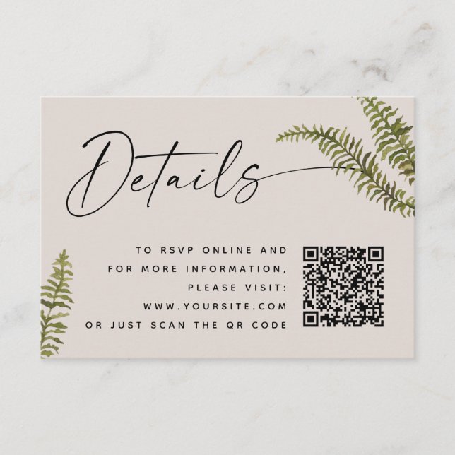 Soft Warm Taupe Fern Wedding Details. Botanical QR Begleitkarte (Vorderseite)