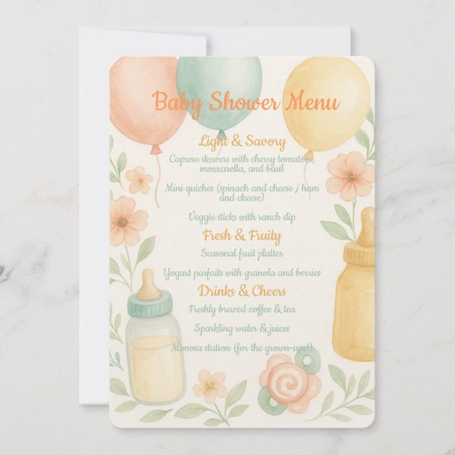 Soft Watercolor Babydusche Menü Einladung (Vorderseite)