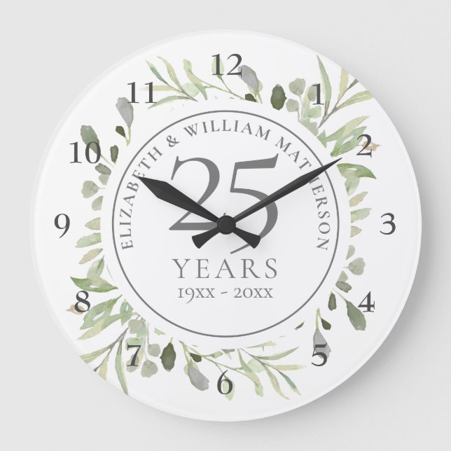 Soft Watercolor Blätter 25 Jahre alt Große Wanduhr (Vorderseite)