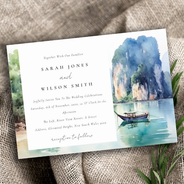Soft Watercolor Coastal Thailand Seascape Wedding Einladung (Von Creator hochgeladen)