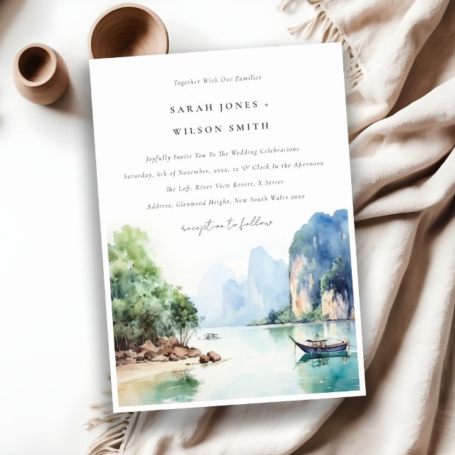 Soft Watercolor Coastal Thailand Seascape Wedding Einladung (Von Creator hochgeladen)