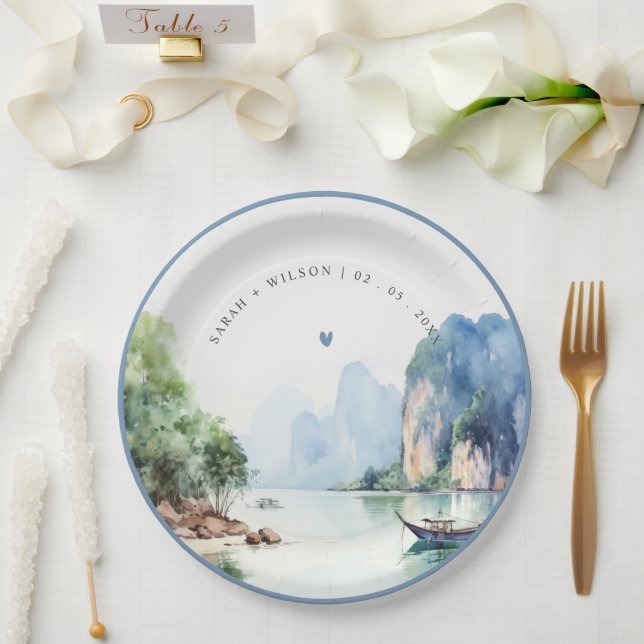 Soft Watercolor Coastal Thailand Seascape Wedding Pappteller (Hochzeit)