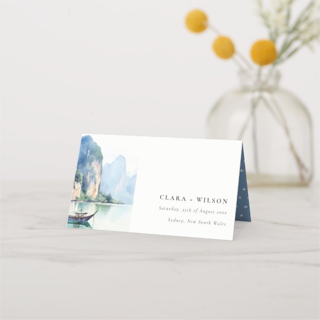 Soft Watercolor Coastal Thailand Seascape Wedding Platzkarte (Vorderseite)