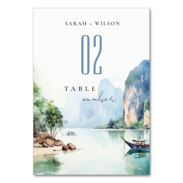 Soft Watercolor Coastal Thailand Seascape Wedding Tischnummer (Vorderseite)