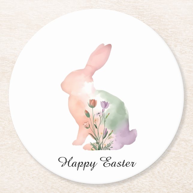 Soft Watercolor Easter Bunny Floral Silhouette  Runder Pappuntersetzer (Vorderseite)