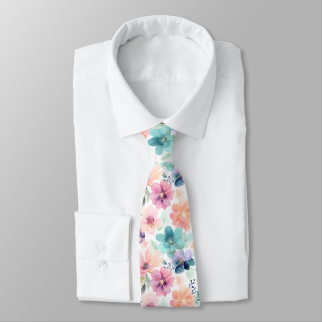 Soft Watercolor Floral Flowers in Pink Blue  Krawatte (Gebunden)