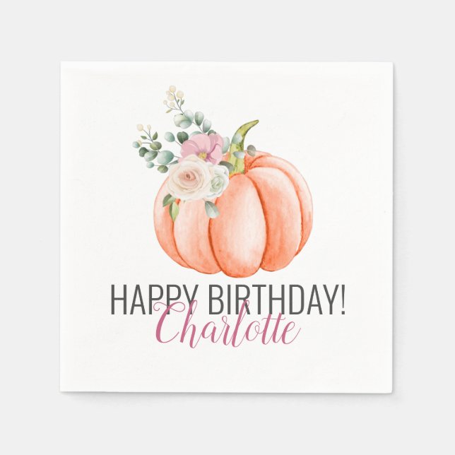 Soft Watercolor Floral Pumpkin Birthday Serviette (Vorderseite)