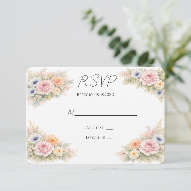 Soft Watercolor Floral Wedding RSVP Karte (Stehend Vorderseite)