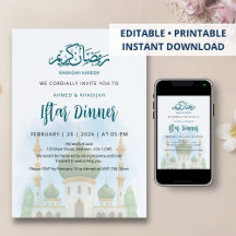 Soft Watercolor Green Dome Mosque Iftar Invitation
