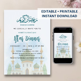 Soft Watercolor Green Dome Mosque Iftar Invitation Einladung