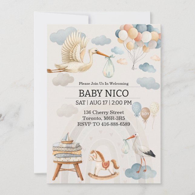 Soft Watercolor Stork Baby Shower Invitation Einladung (Vorderseite)