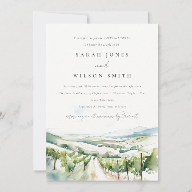 Soft Watercolor Vineyard Landscape Couples Shower Einladung (Vorderseite)