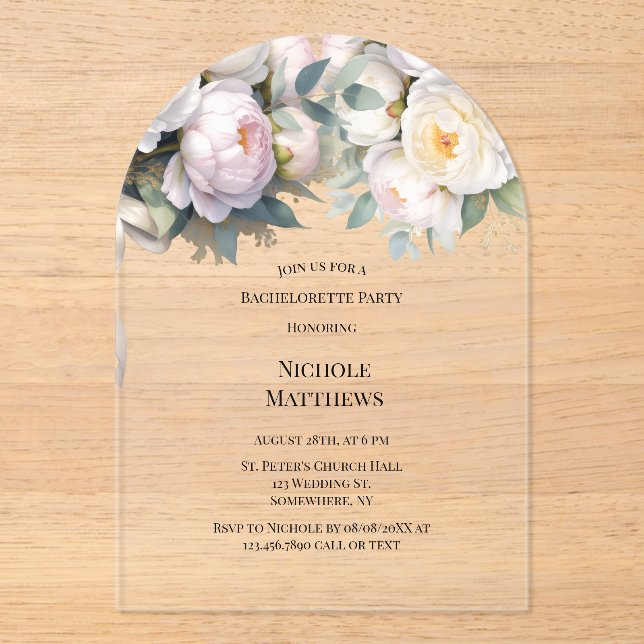 Soft White Peony with Eucalyptus Bachelorette Acryleinladungen (Vorderseite)
