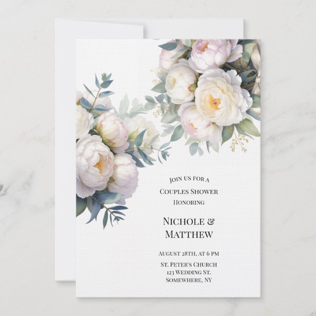 Soft White Peony with Eucalyptus Couples Shower Einladung (Vorderseite)