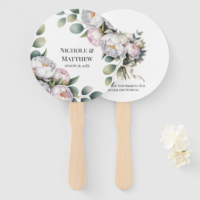 Soft White Peony with Eucalyptus Leaves Wedding Fächer (Vorne und Hinten)