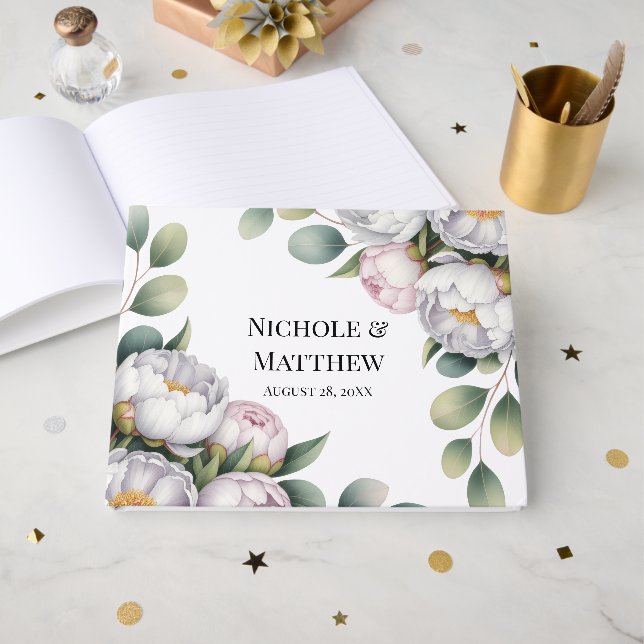 Soft White Peony with Eucalyptus Leaves Wedding Gästebuch (Vorderseite Offen)