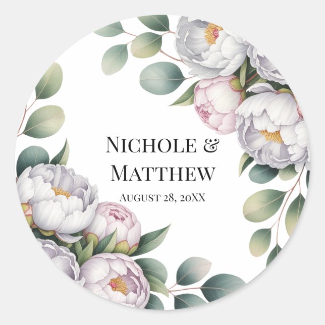 Soft White Peony with Eucalyptus Leaves Wedding Runder Aufkleber (Vorderseite)