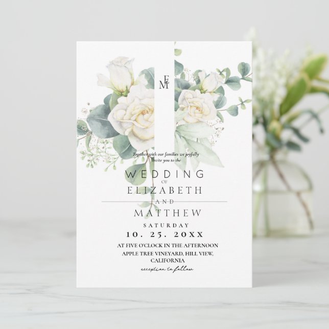 Soft White Rose and Floral  Elegant Wedding Einladung (Stehend Vorderseite)