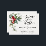 Soft Winter Berry Christmas Save The Date<br><div class="desc">Dieses zarte Aquarellbouquet hat traditionelle Weihnachtsfarben, Waldgrün, Olivgrün und Cranberry rot auf hellem Weiß. Die Worte Save the Date sind handschriftlich. Die Brautnamen und die Namen der Zeltpaare werden direkt unten aufgeführt, die übrigen Einzelheiten finden Sie direkt unten. Der gesamte Text kann bearbeitet werden, um den Bedürfnissen der Veranstaltung Anzug....</div>