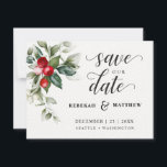 Soft Winter Berry Christmas Save The Date<br><div class="desc">Dieses zarte Aquarellbouquet hat traditionelle Weihnachtsfarben, Waldgrün, Olivgrün und Cranberry rot auf hellem Weiß. Die Worte Save the Date sind handschriftlich. Die Brautnamen und die Namen der Zeltpaare werden direkt unten aufgeführt, die übrigen Einzelheiten finden Sie direkt unten. Der gesamte Text kann bearbeitet werden, um den Bedürfnissen der Veranstaltung Anzug....</div>